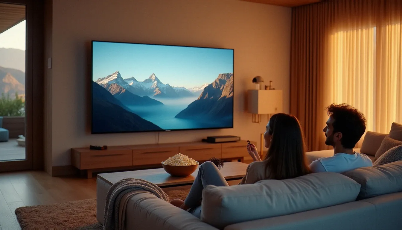 Un couple installé confortablement dans un salon moderne regarde les meilleurs services de streaming sur un grand écran OLED en soirée