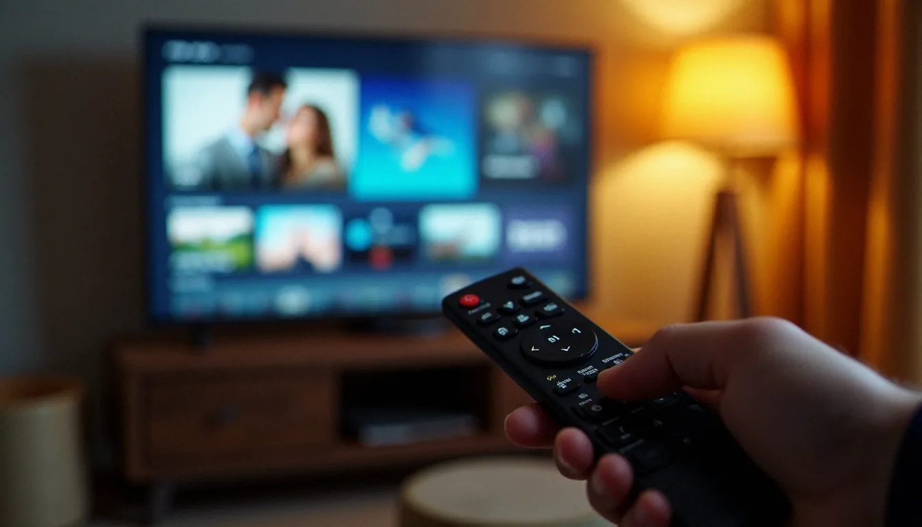 Mains tenant une télécommande face à un guide des programmes sur smart TV, symbolisant la simplicité d'accès aux services IPTV légaux en France