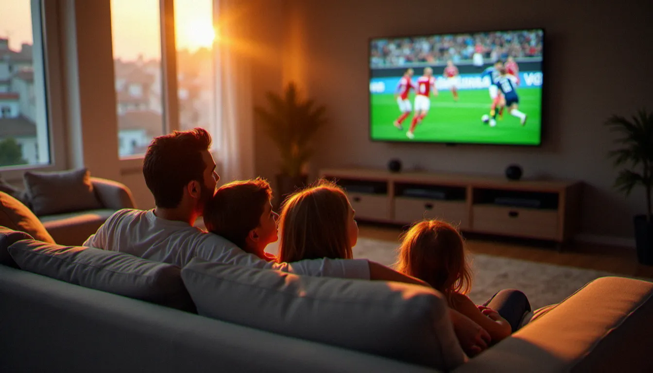 Famille française réunie dans leur salon regardant un match en direct sur leur service IPTV, illustration du confort et du partage au quotidien