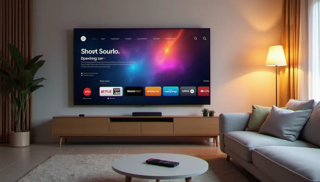 Salon français moderne avec grand téléviseur affichant une interface de service IPTV, illustrant le confort des meilleurs services IPTV en France