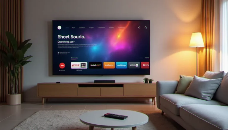 Salon français moderne avec grand téléviseur affichant une interface de service IPTV, illustrant le confort des meilleurs services IPTV en France