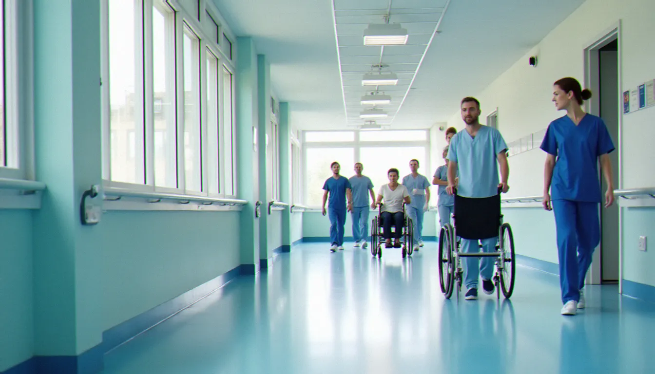 Couloir animé d'un service de neurologie hospitalier français avec personnel soignant et patients accompagnés de leurs proches