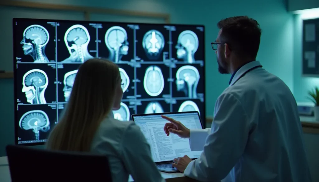 meilleurs services neurologie france featured Neurologue analysant des images IRM cérébrales dans un service de neurologie en France, illustrant les meilleurs services neurologie France