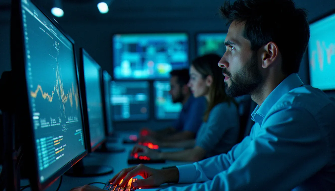 Équipe d'analystes de renseignement concentrés sur leurs écrans dans une salle des opérations haute sécurité, entourés de flux de données et de visualisations cartographiques en temps réel