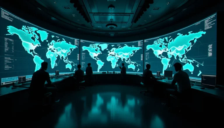 Centre d'opérations de renseignement mondial avec écrans affichant des cartes géopolitiques interconnectées, illustrant les meilleurs services secrets au monde