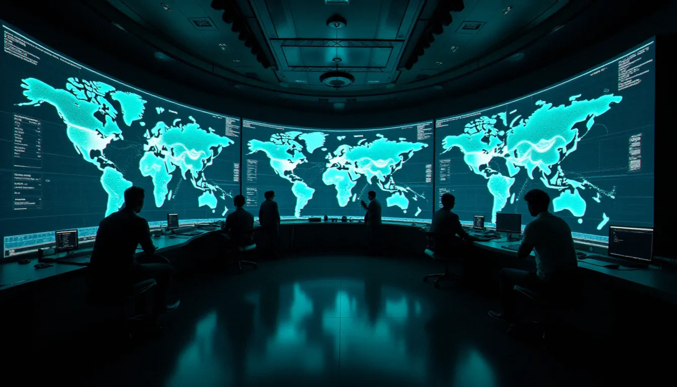 Centre d'opérations de renseignement mondial avec écrans affichant des cartes géopolitiques interconnectées, illustrant les meilleurs services secrets au monde