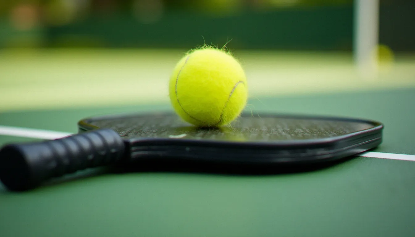 Gros plan sur la face d'un paddle de pickleball au moment du contact avec la balle lors d'un service avec effet, rotation de la balle visible par le flou de mouvement
