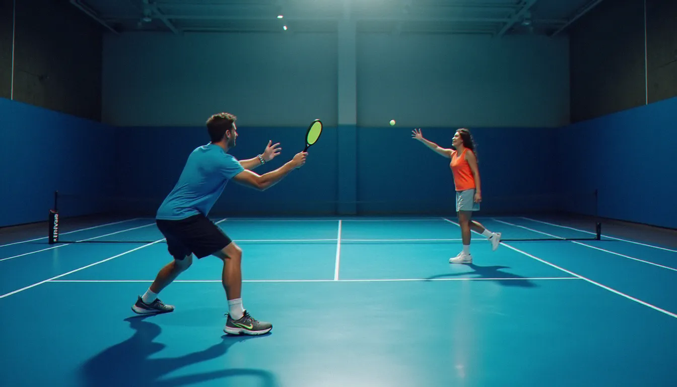 Deux joueurs de pickleball sur un court intérieur lumineux, l'un en phase d'exécution d'un service avec effet en position basse et l'autre en attente de retour