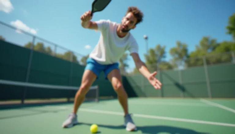 Joueur de pickleball exécutant un service avec effet sur un court extérieur ensoleillé, paddle au contact de la balle à hauteur de ceinture
