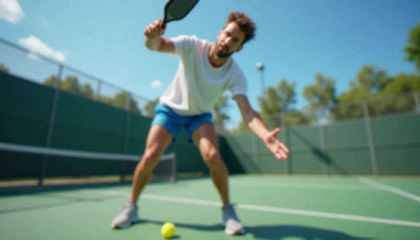 Joueur de pickleball exécutant un service avec effet sur un court extérieur ensoleillé, paddle au contact de la balle à hauteur de ceinture