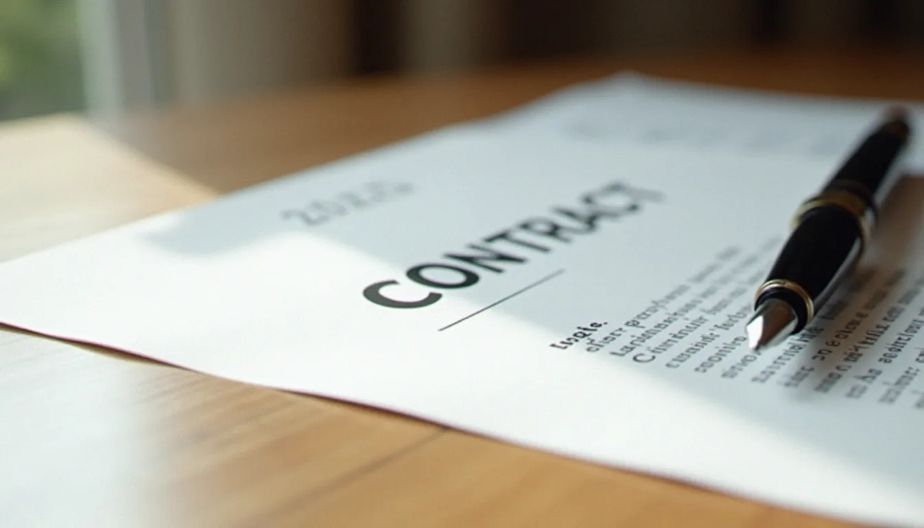 Contrat professionnel et stylo plume sur un bureau en bois, illustrant l'application des règles typographiques du mot service dans les documents officiels