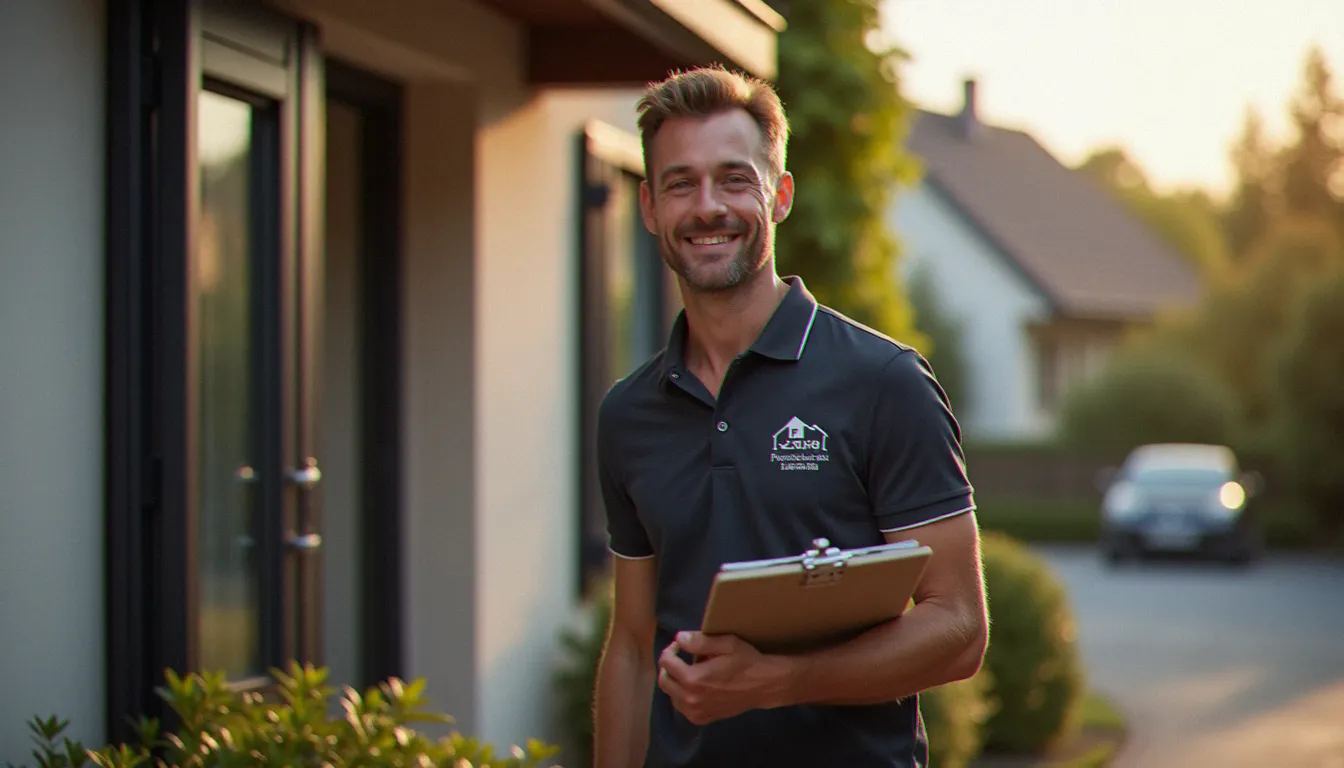 Conseiller en services à domicile accueilli par un client devant sa maison en Auvergne, illustrant la qualité et la fiabilité d'un prestataire professionnel de confiance
