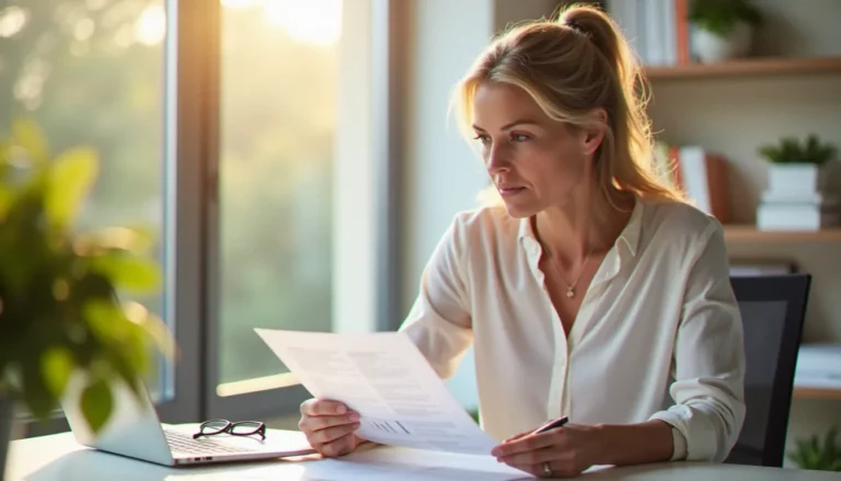 Professionnelle relisant attentivement un document d'entreprise pour vérifier la règle du service avec ou sans majuscule, bureau à domicile lumineux