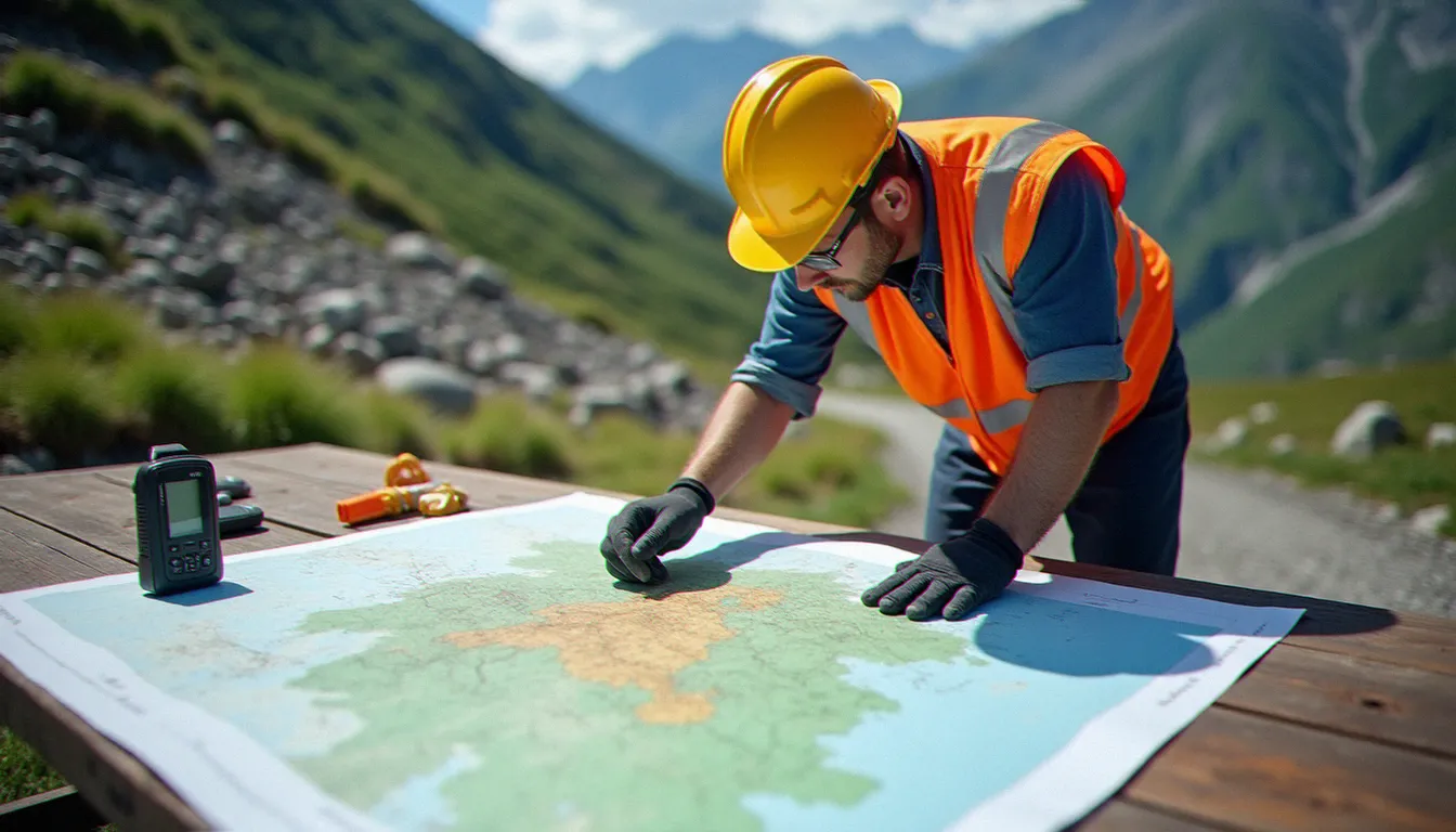 Ingénieur spécialisé en dangers naturels analysant une carte topographique des risques sur le terrain en zone alpine valaisanne