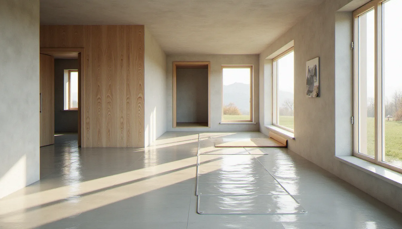 Intérieur d'une maison alpine équipée de mesures de protection contre les dangers naturels incluant des dispositifs anti-inondation et des volets renforcés