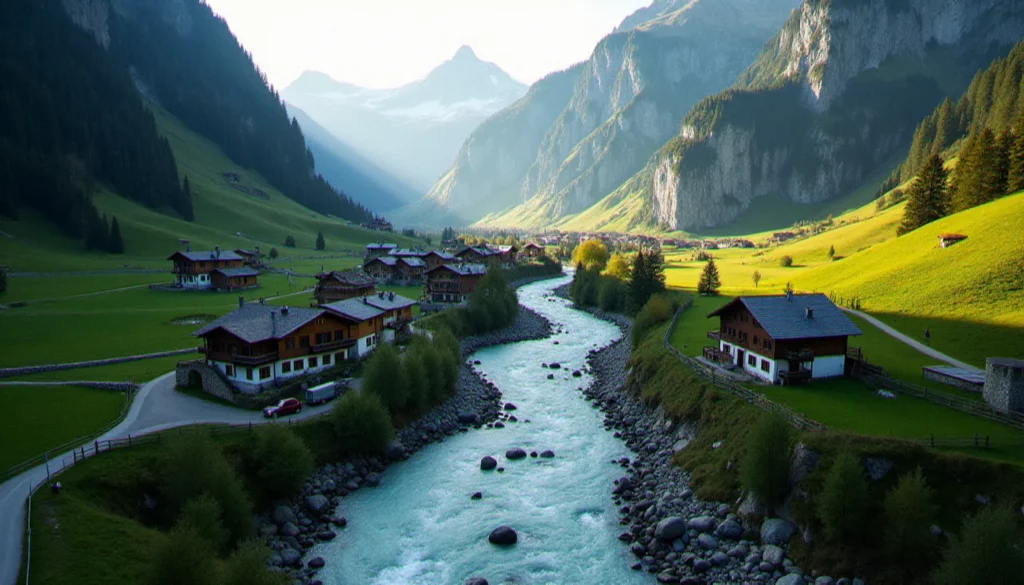 service dangers naturels valais featured Vue aérienne d'un village valaisan entouré de montagnes alpines avec des équipements de protection contre les dangers naturels visibles le long d'un torrent de montagne