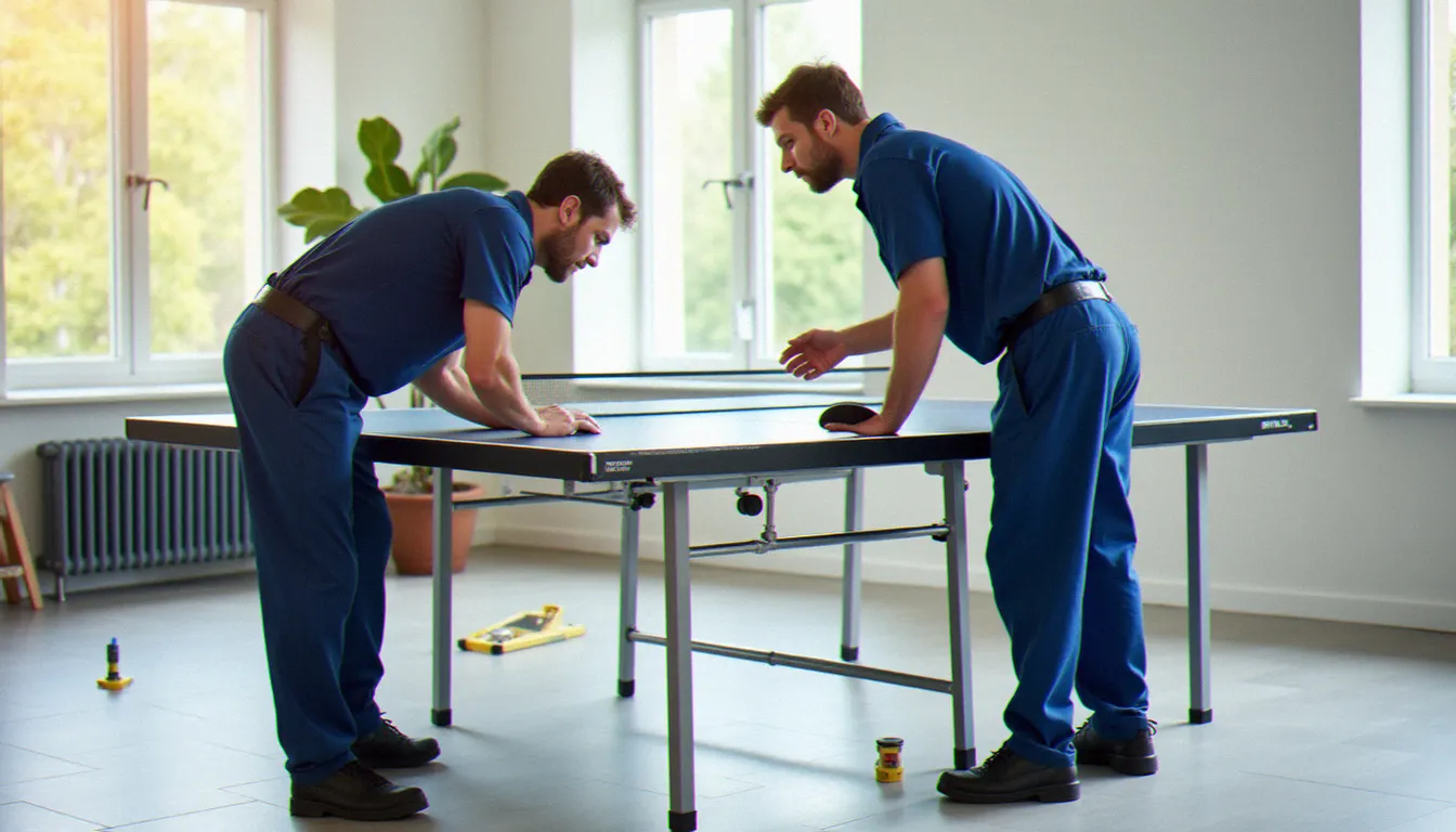 Deux techniciens de Move Confort Services installant et nivelant une table de tennis de table dans une salle de jeux à domicile, avec outillage de précision visible