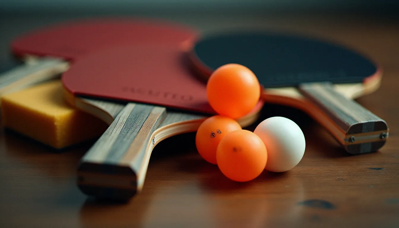 Sélection détaillée d'équipements de tennis de table incluant raquettes aux revêtements variés, balles ABS et accessoires d'entretien pour optimiser l'effet de jeu