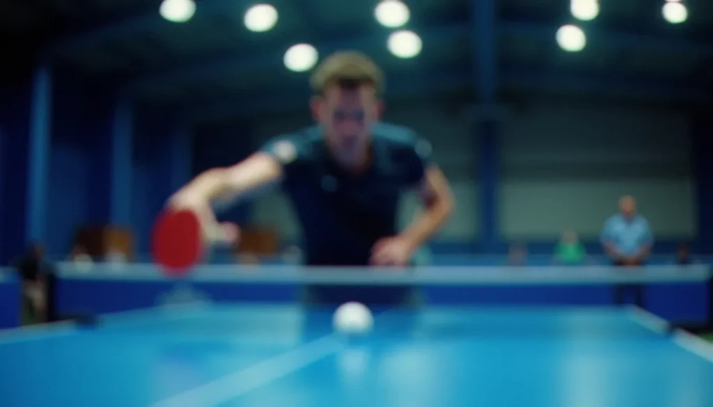 service effet tennis de table featured Joueur de tennis de table exécutant un service effet topspin sur une table de compétition dans une salle de sport professionnelle bien éclairée