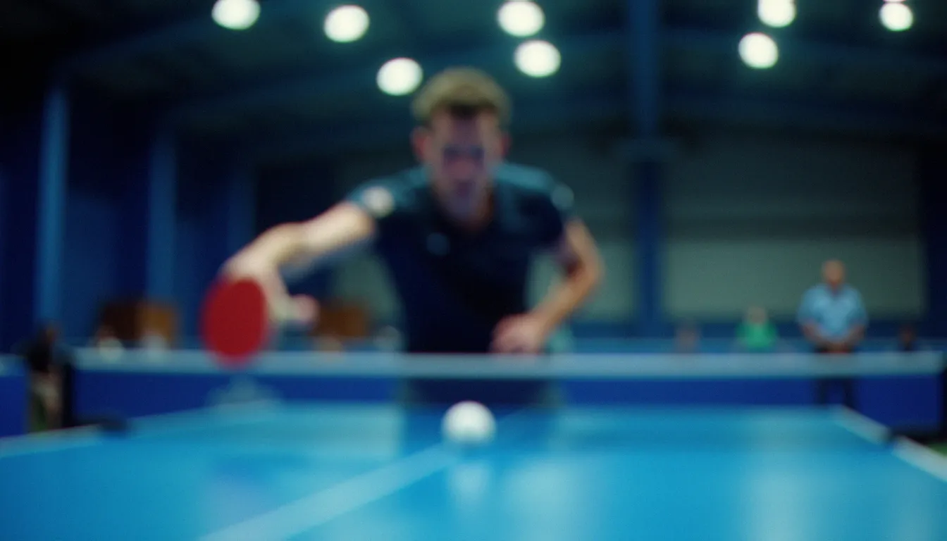 Joueur de tennis de table exécutant un service effet topspin sur une table de compétition dans une salle de sport professionnelle bien éclairée