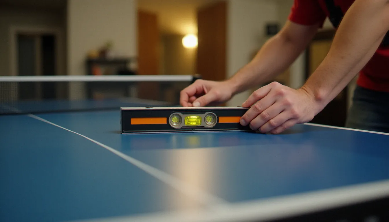 Vérification précise du niveau d'une table de ping-pong par un technicien lors d'une prestation de service professionnel à domicile