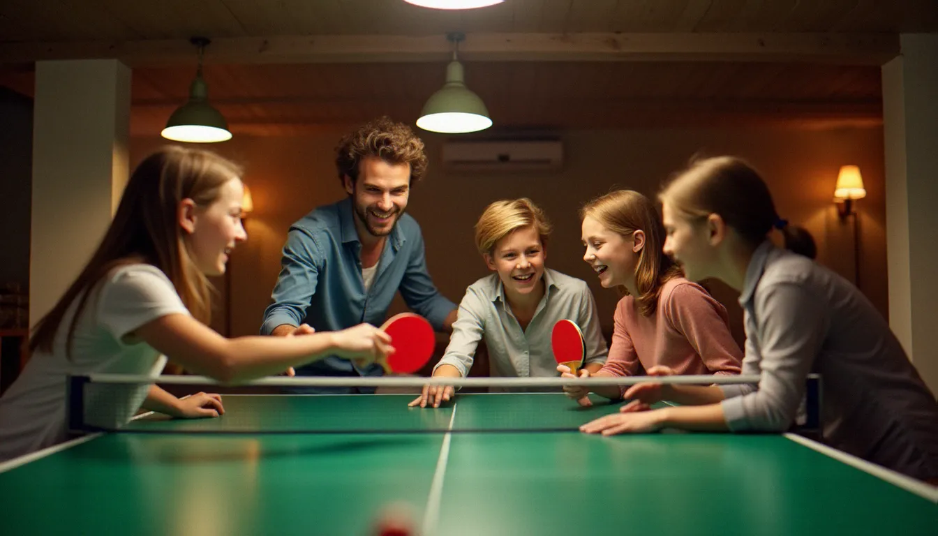 Famille jouant au tennis de table dans une salle de jeux aménagée à domicile après une installation professionnelle réalisée par un service efficace tennis de table