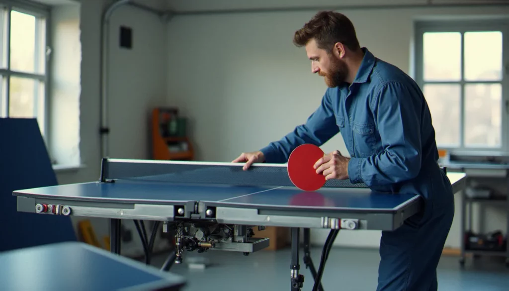 service efficace tennis de table featured Technicien professionnel réalisant le montage d'une table de tennis de table dans un garage moderne, illustrant un service efficace tennis de table à domicile à Clermont-Ferrand