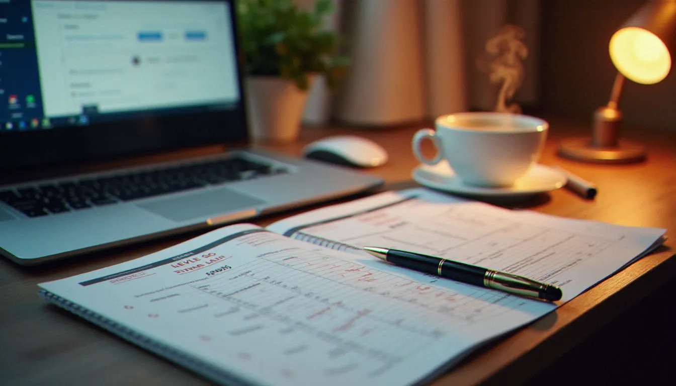 Bureau organisé à domicile avec des documents du service recette de la Ville de Huy, un calendrier d'échéances fiscales et un ordinateur ouvert sur un portail administratif communal