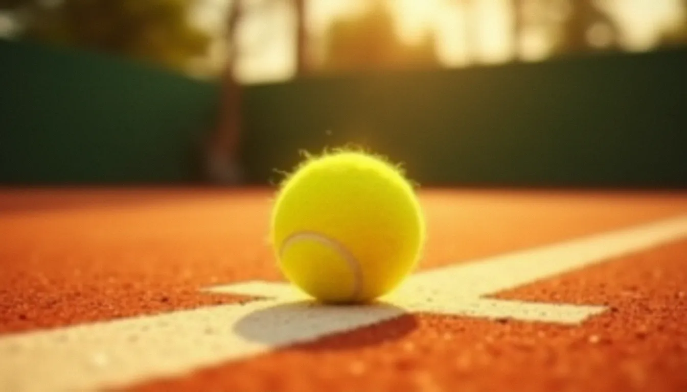 Balle de tennis atterrissant avec précision sur la ligne de service d'un court en terre battue, symbolisant l'ace parfait et le concept de service sans retour en 3 lettres