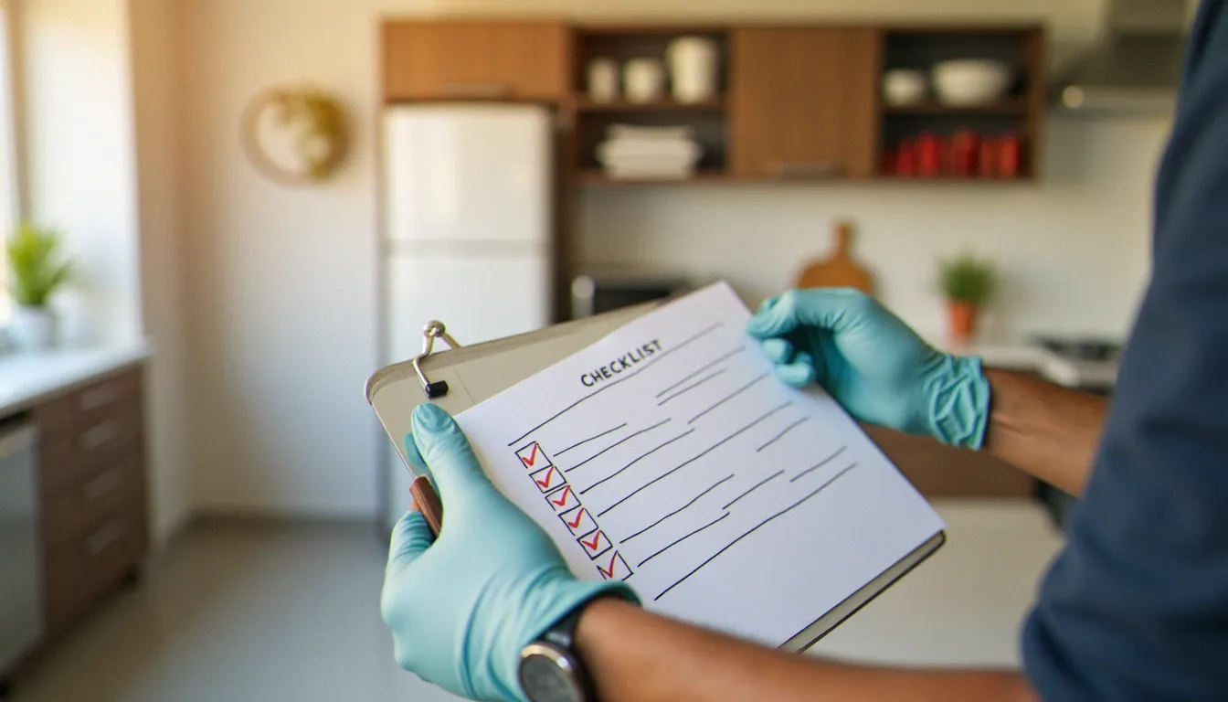 Professionnel tenant un presse-papiers avec liste de critères qualité cochés dans une cuisine résidentielle moderne, illustrant les cinq piliers d'un service d'excellence sans retour