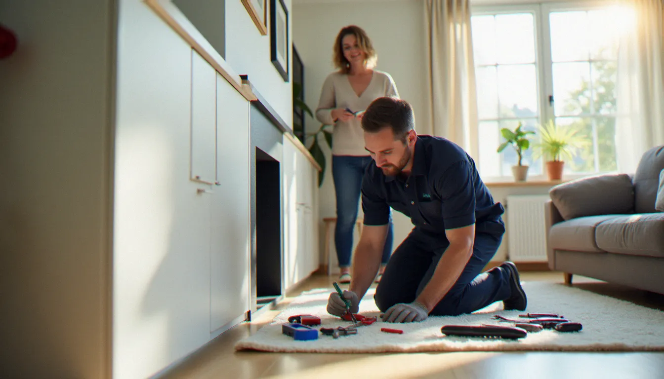 Technicien de service à domicile réalisant une intervention ACE de qualité dans un salon moderne ensoleillé, illustrant le concept de service sans retour en 3 lettres