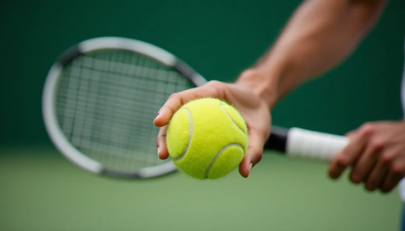 Gros plan sur la frappe au moment précis du service au tennis montrant la pronation du poignet, élément technique clé pour réaliser un service sans retour efficace