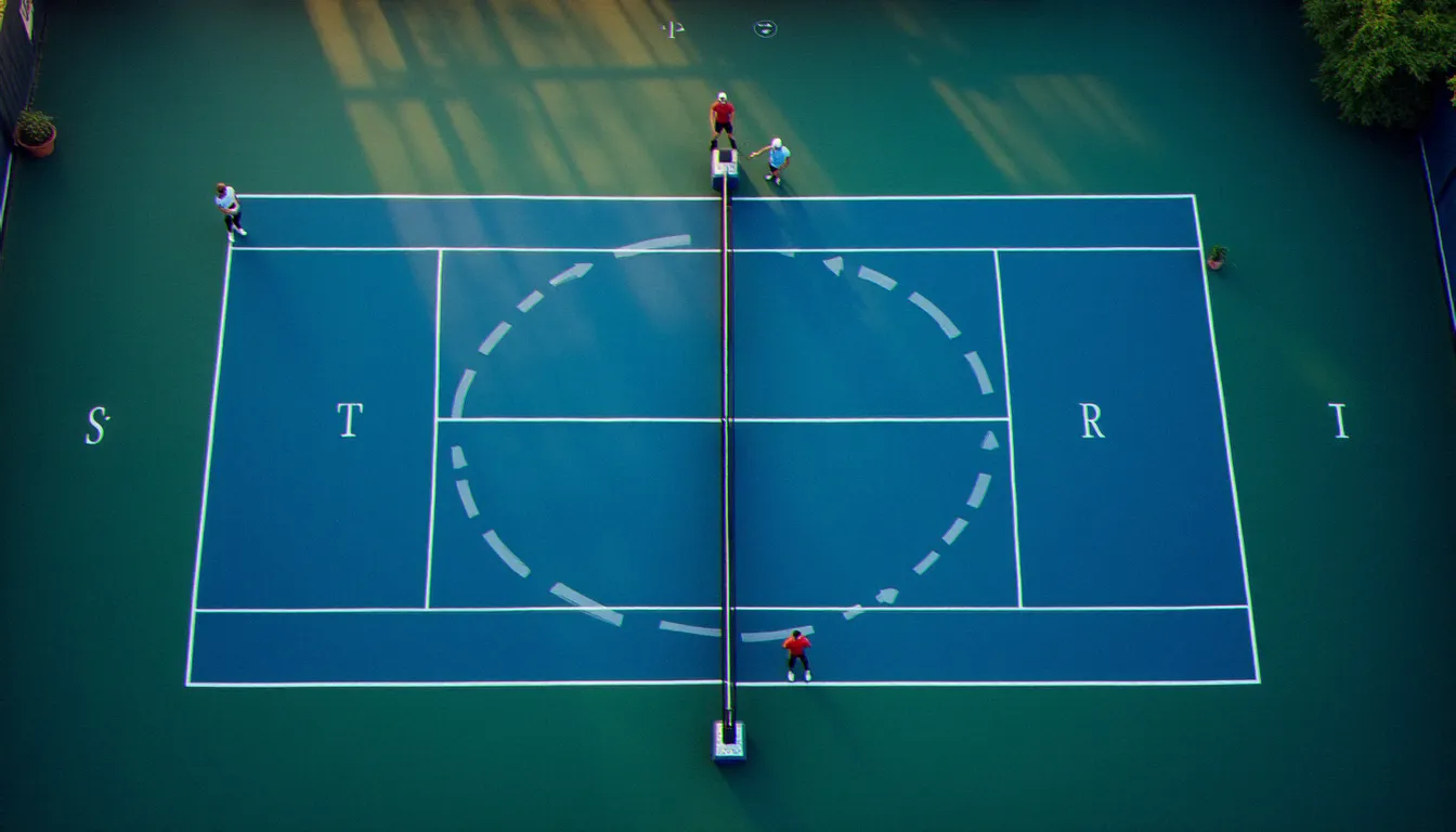 Vue aérienne d'une boîte de service sur court dur avec les trois zones stratégiques de placement pour réaliser un service sans retour au tennis imparable