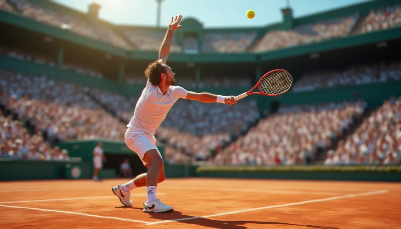 Joueur de tennis professionnel au sommet de son mouvement de service sur court en terre battue, illustrant la technique parfaite du service sans retour au tennis