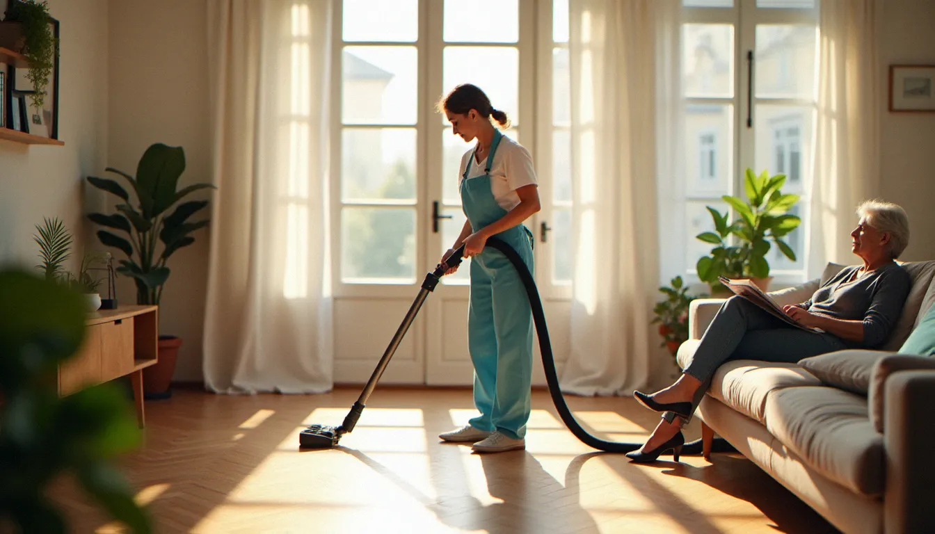 Une intervenante de Move Confort Services entretenant un salon lumineux pendant que la propriétaire profite sereinement de ses loisirs en arrière-plan