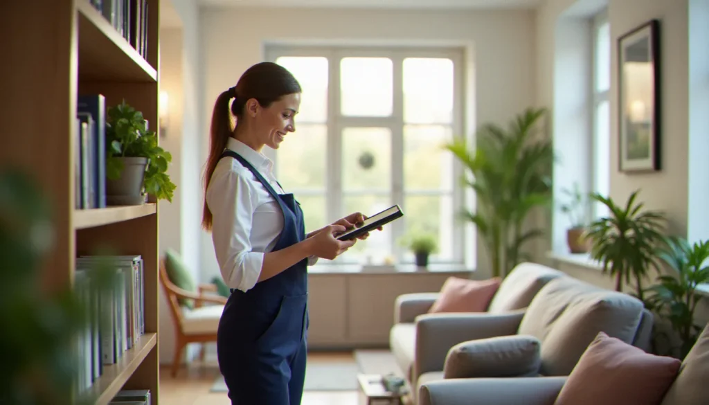 Professionnelle des services à la personne en uniforme souriant dans un salon lumineux et soigneusement rangé à domicile