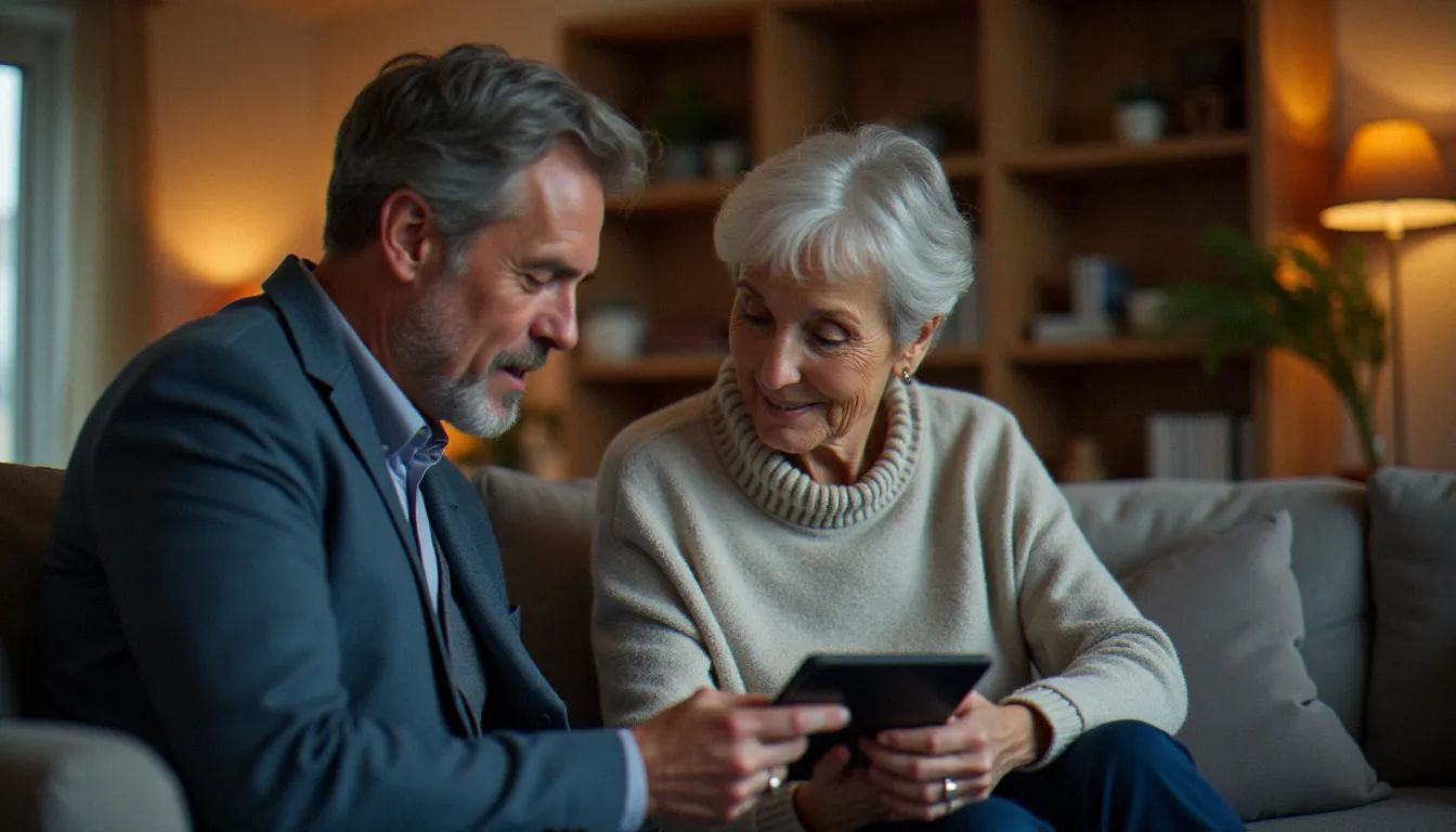 Un couple de retraités accompagné d'un conseiller habitat consultant les aides au logement accessibles via France Connect sur une tablette