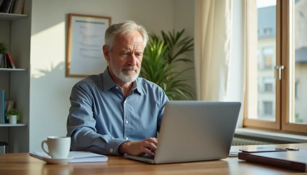 Un homme consultant les services accessibles avec France Connect sur son ordinateur portable dans un bureau à domicile lumineux