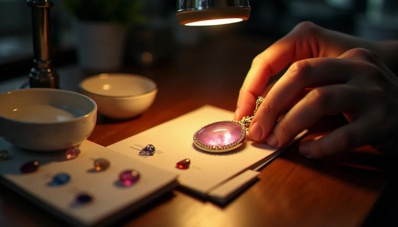 Spécialiste procédant à l'entretien minutieux d'un pendentif en quartz rose, représentant le service de nettoyage et revitalisation des bijoux naturels Natureland Jewel