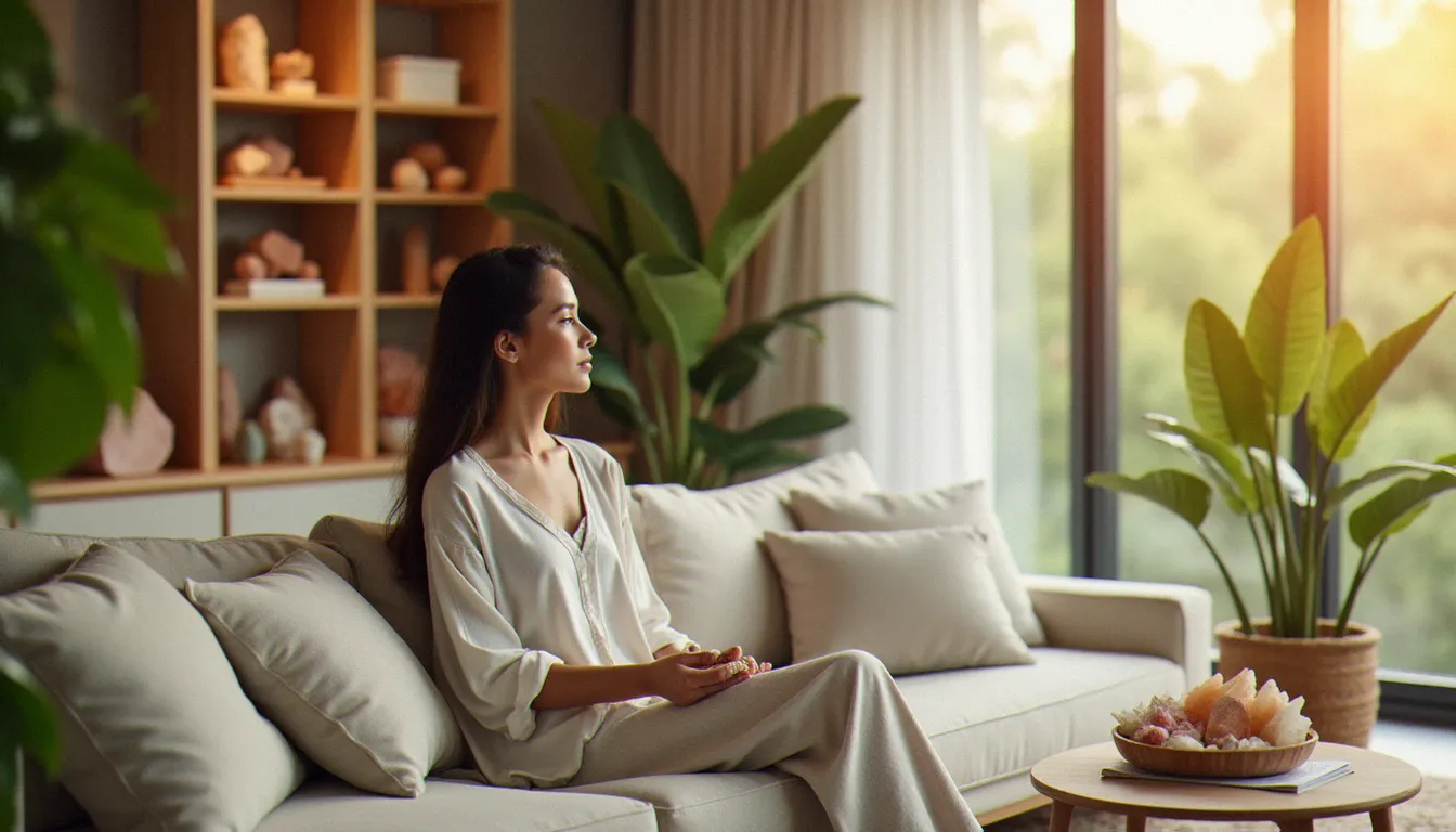 Intérieur moderne et serein avec minéraux naturels décoratifs et bijoux en pierres, illustrant l'intégration des services Natureland Jewel dans un cadre de vie apaisé