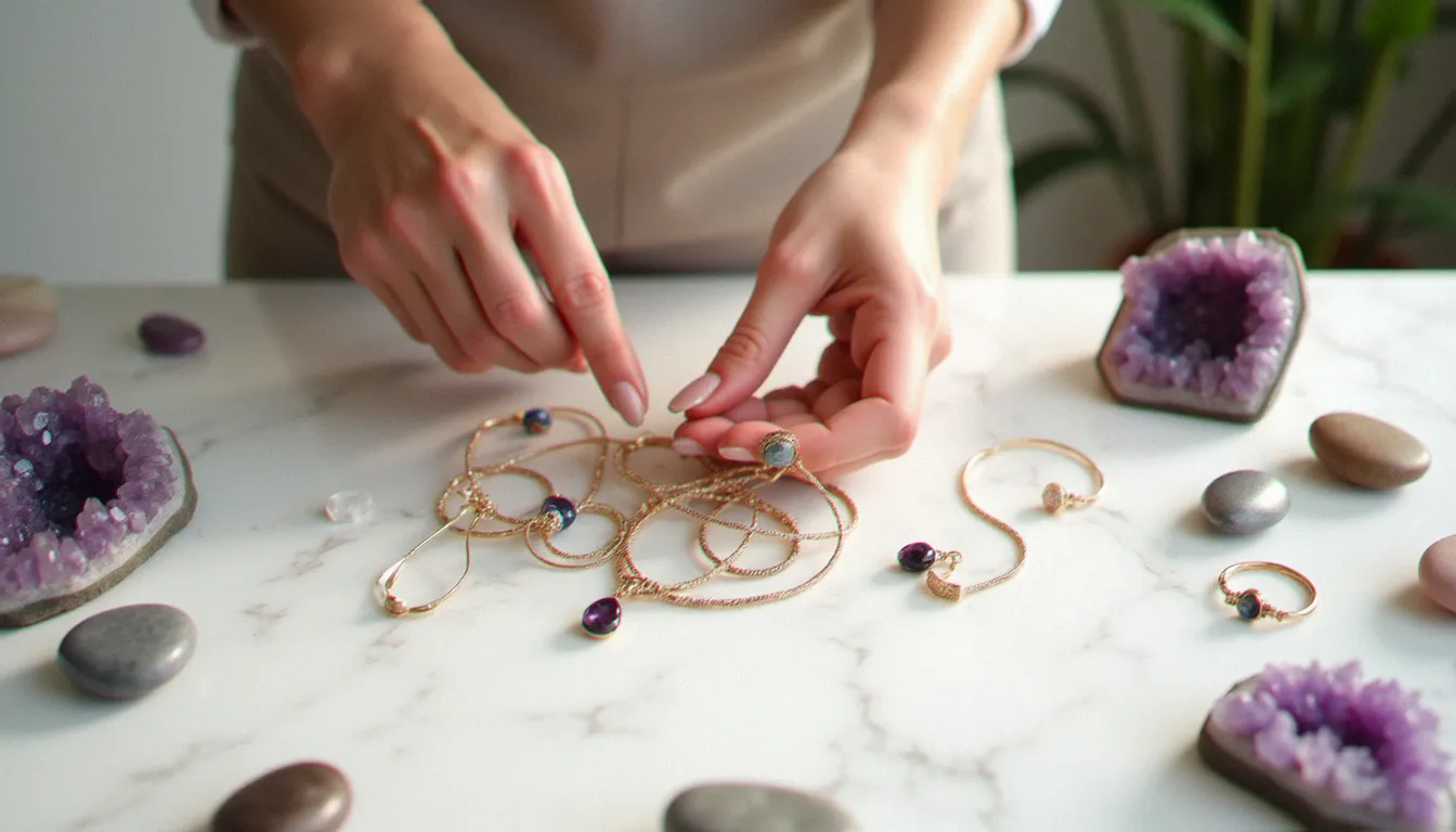 Artisan présentant une collection de bijoux en pierres naturelles sur marbre blanc, illustrant les services offered by natureland jewel dans un atelier lumineux
