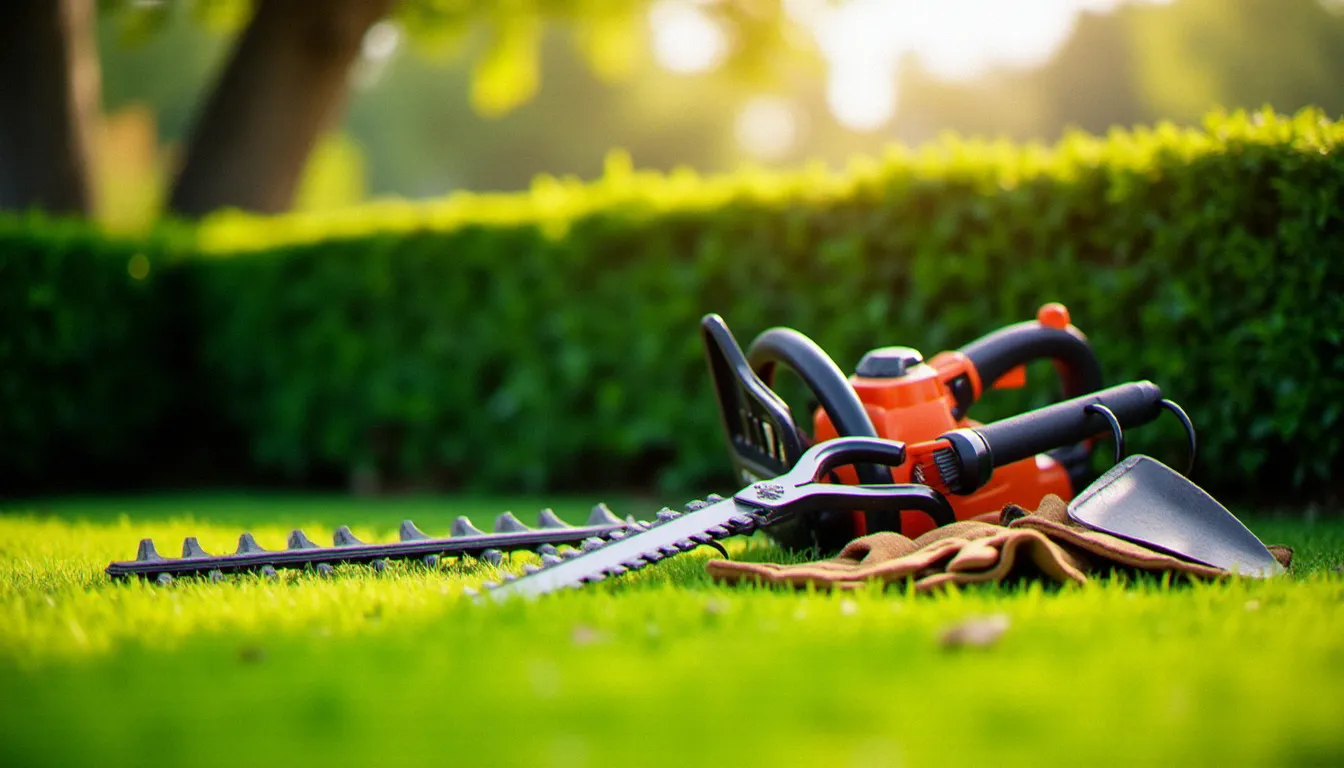 Matériel professionnel d'entretien des espaces verts disposé sur une pelouse tondue, représentant les outils utilisés pour les services d'aménagement et d'entretien de Natureland MBS