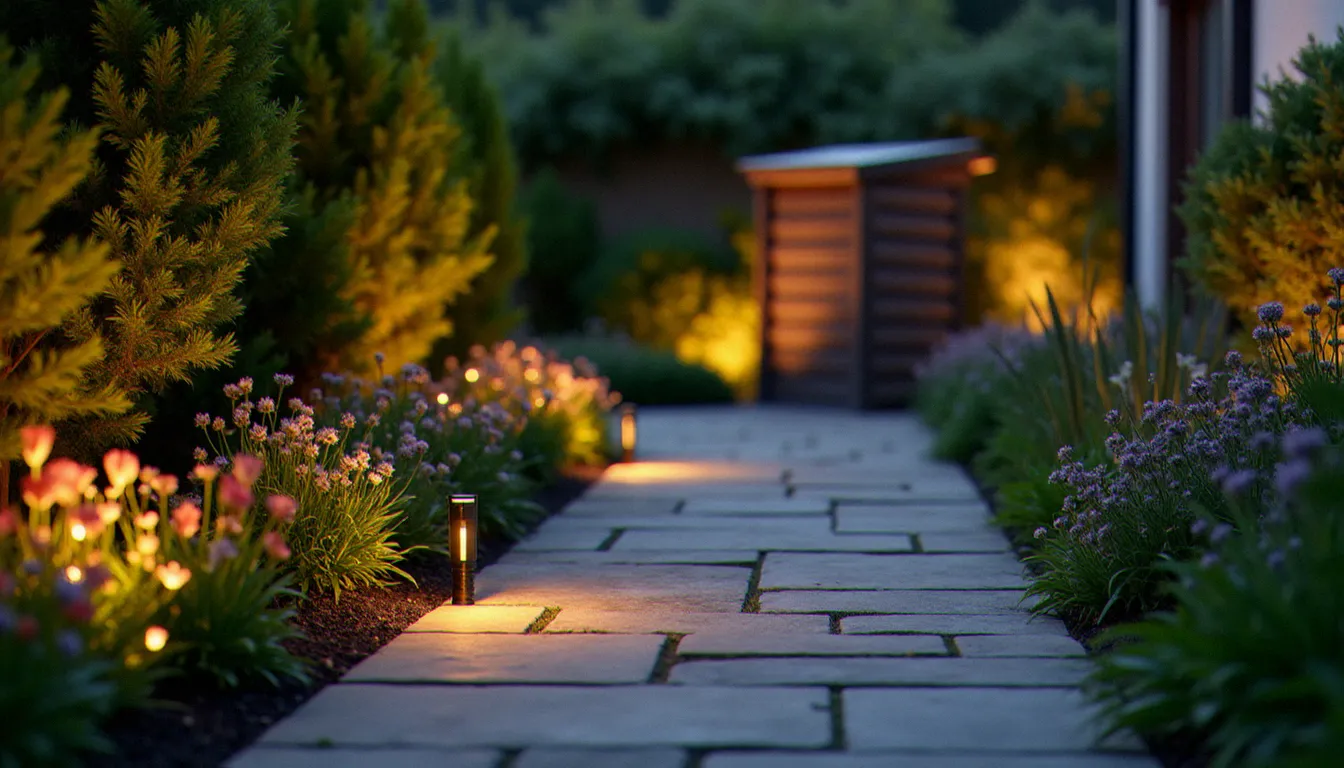 Terrasse de jardin résidentiel français avec système d'irrigation automatique, éclairage LED basse consommation et composteur en bois, illustrant les services techniques et écologiques différenciants proposés par Natureland MBS