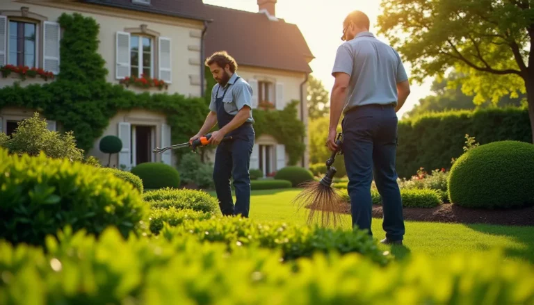 Équipe professionnelle réalisant des services d'entretien paysager dans un jardin résidentiel français soigné, illustrant la gamme de services offered by Natureland MBS