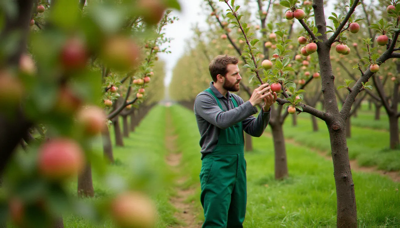 Jardinier professionnel inspectant les branches d'arbres fruitiers dans un verger privé entretenu selon les méthodes naturelles, représentant les services offered by Natureland Orchard