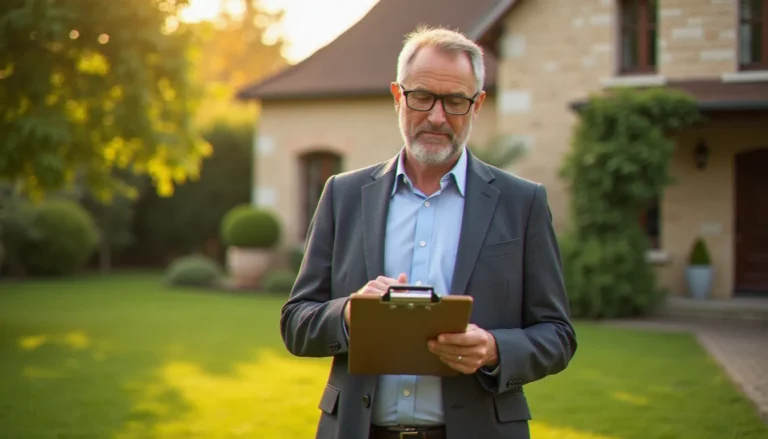 Conseiller en services à domicile consultant un plan de prestations dans un jardin résidentiel entretenu, illustrant les services offered by Natureland Orchard adaptés au confort français