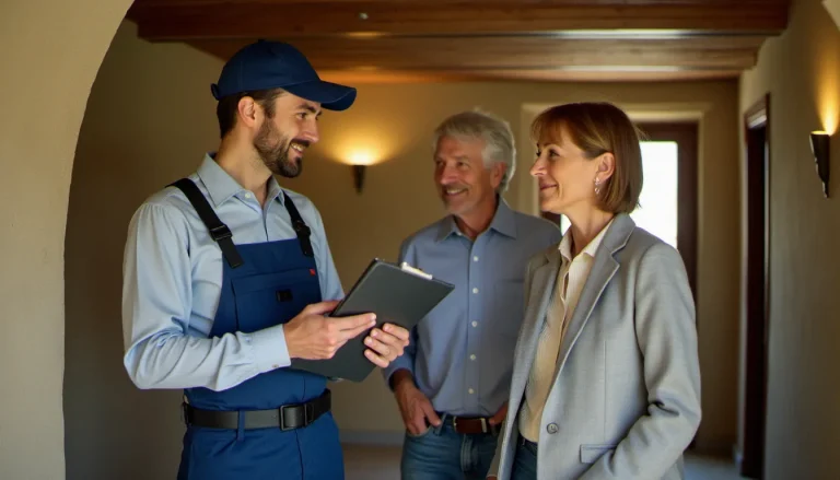 Prestataire des services proposés par Effet F Alvignac présentant ses solutions à un couple dans leur maison en pierre du Lot