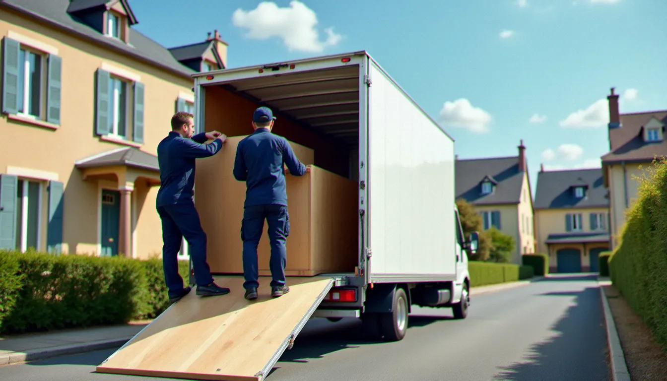 Équipe de déménagement professionnelle chargeant soigneusement des meubles dans un camion blanc lors d'une intervention à domicile sans engagement dans une rue résidentielle française
