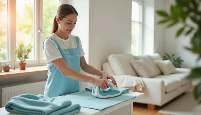Intervenante en services à domicile préparant le linge dans un salon moderne, illustration des prestations disponibles avec les titres services prix 2025