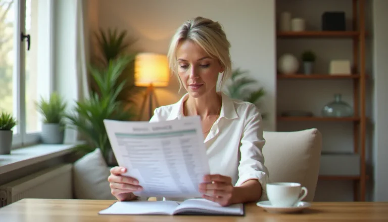 Une conseillère en services à domicile examinant un catalogue de titres services avec leurs prix dans un cadre lumineux et professionnel